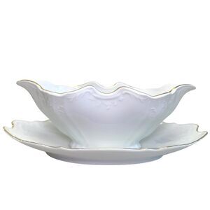Vintage Bernadotte White Porcelain w/Gold Trim Gravy Boat Made In Czech Republic